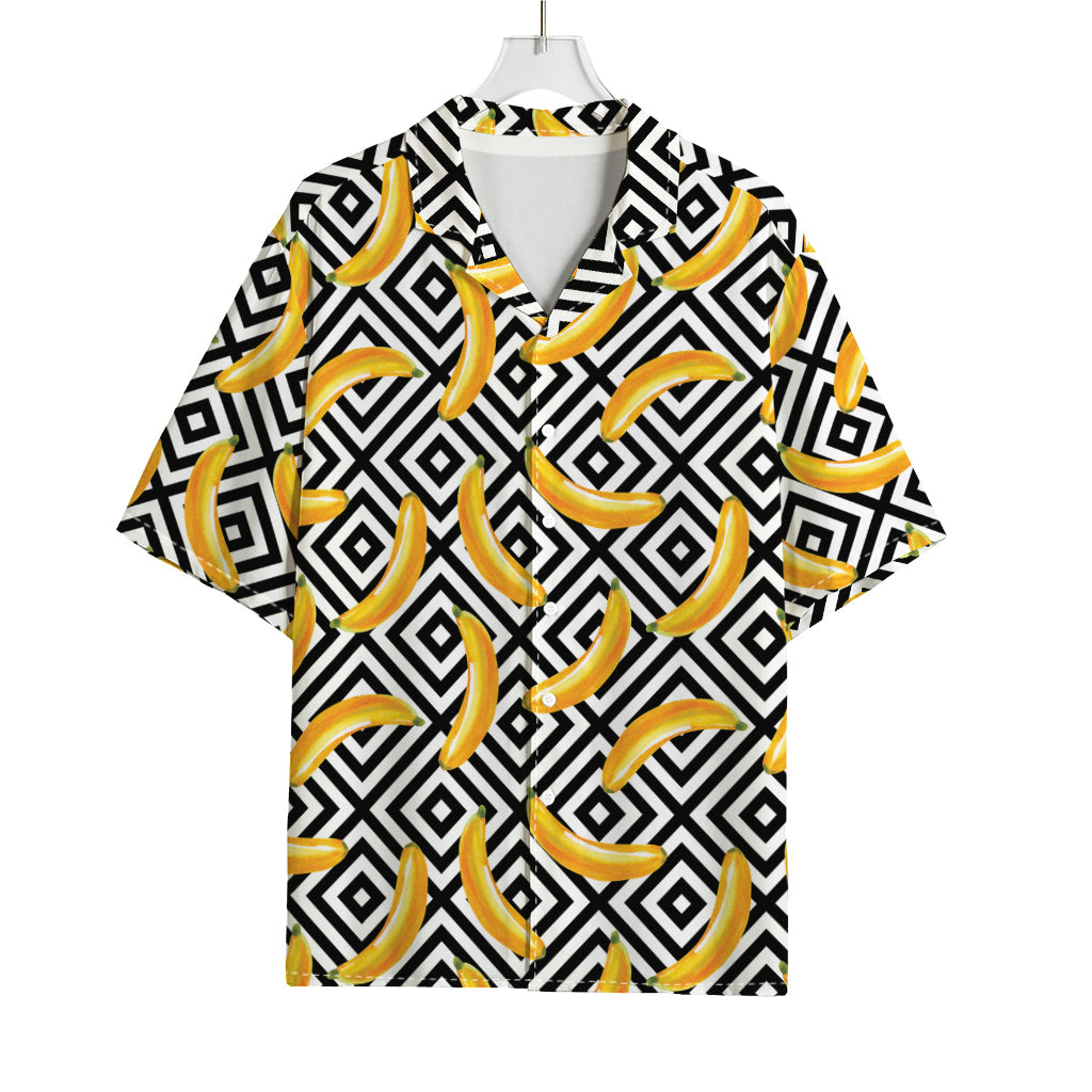 Black And White Geometric Banana Print Rayon Hawaiian Shirt