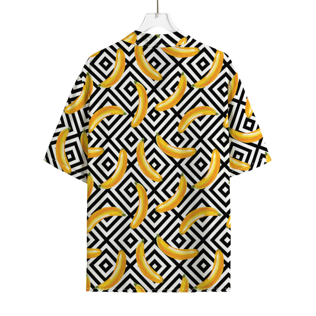 Black And White Geometric Banana Print Rayon Hawaiian Shirt
