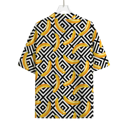 Black And White Geometric Banana Print Rayon Hawaiian Shirt