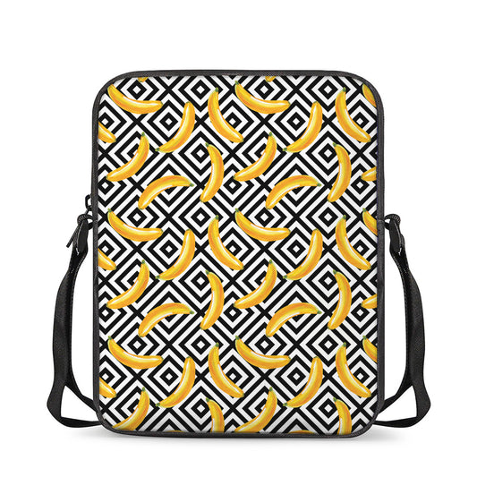 Black And White Geometric Banana Print Rectangular Crossbody Bag