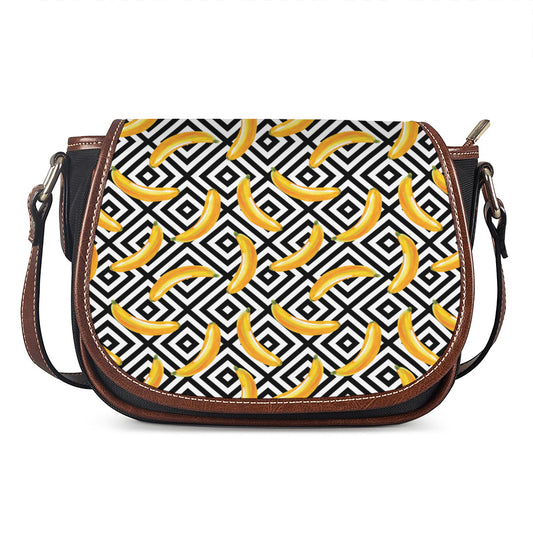 Black And White Geometric Banana Print Saddle Bag