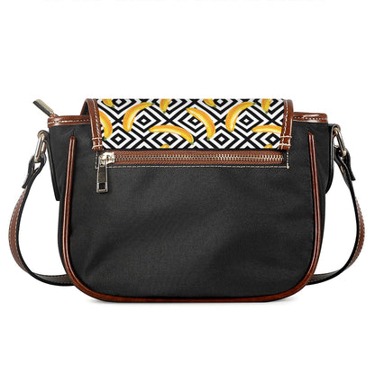 Black And White Geometric Banana Print Saddle Bag