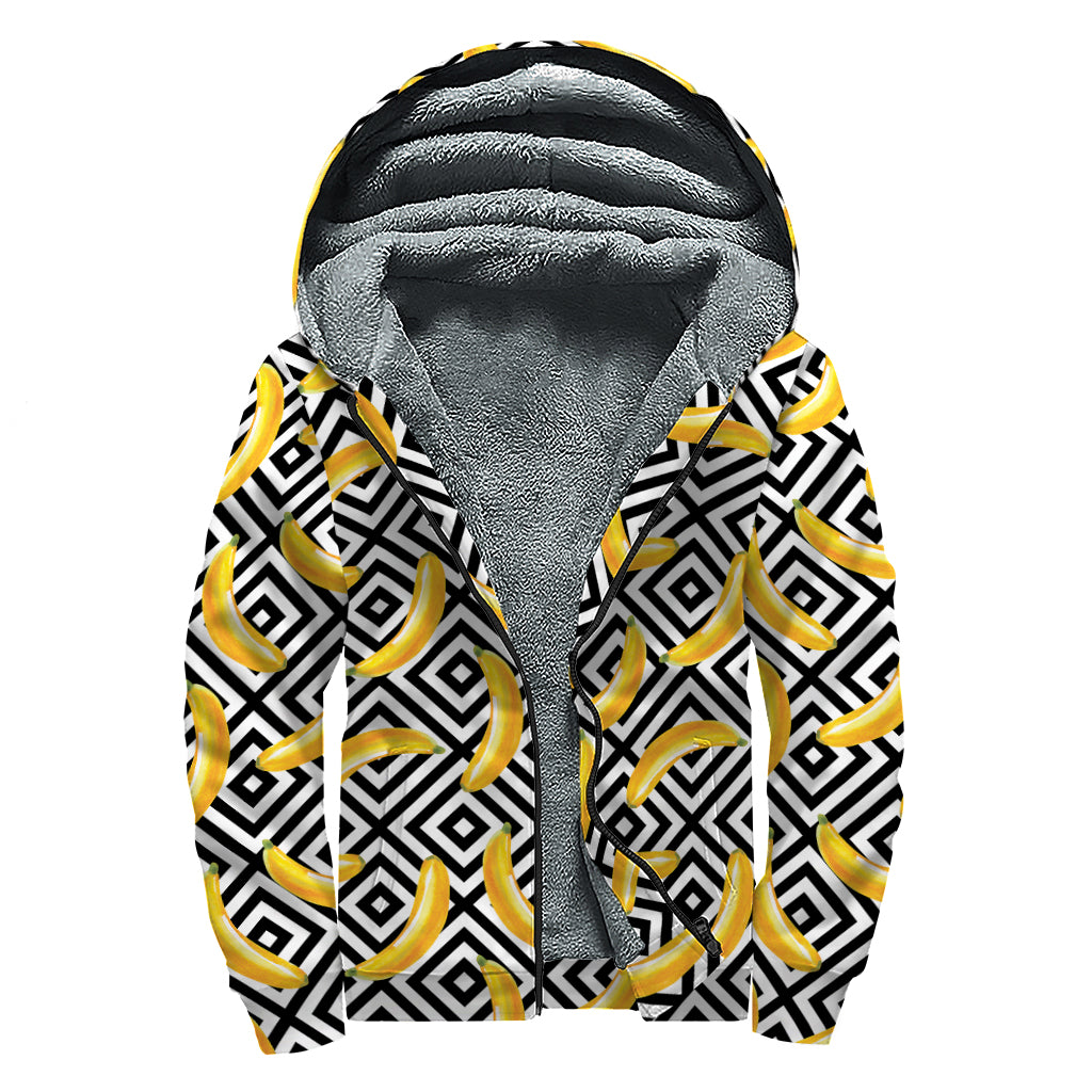 Black And White Geometric Banana Print Sherpa Lined Zip Up Hoodie