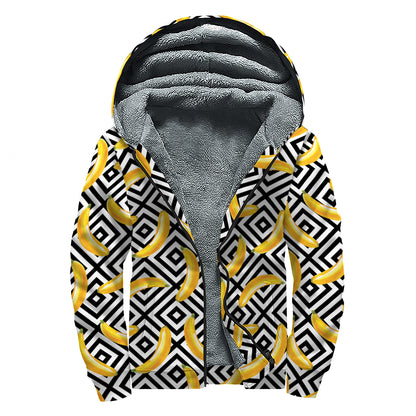 Black And White Geometric Banana Print Sherpa Lined Zip Up Hoodie