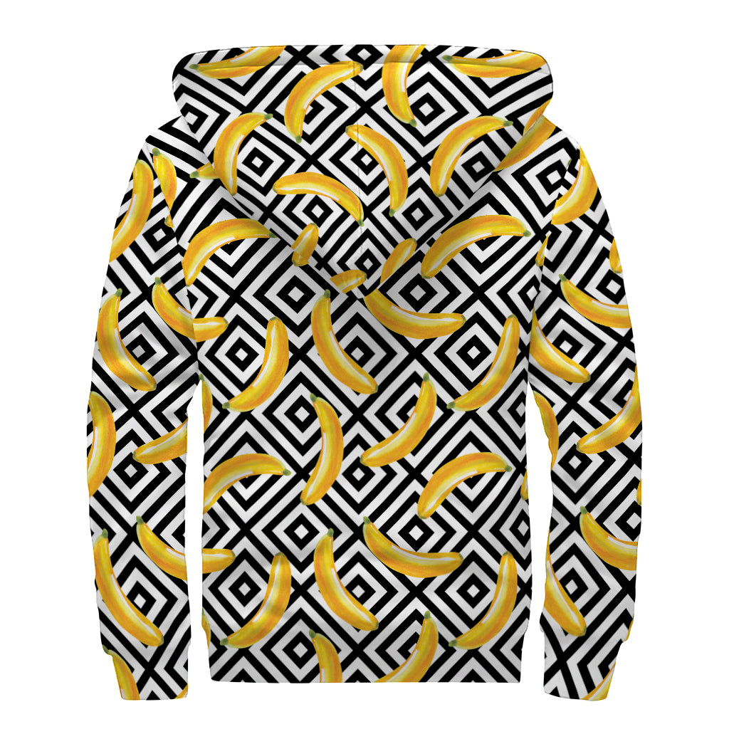 Black And White Geometric Banana Print Sherpa Lined Zip Up Hoodie