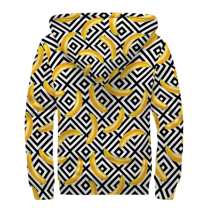 Black And White Geometric Banana Print Sherpa Lined Zip Up Hoodie