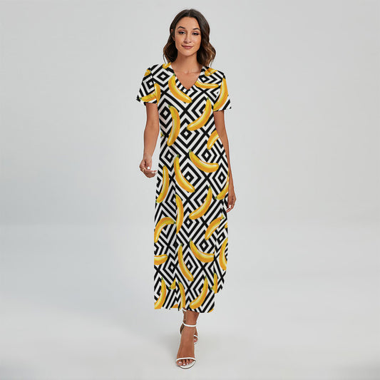 Black And White Geometric Banana Print Short Sleeve Maxi Dress