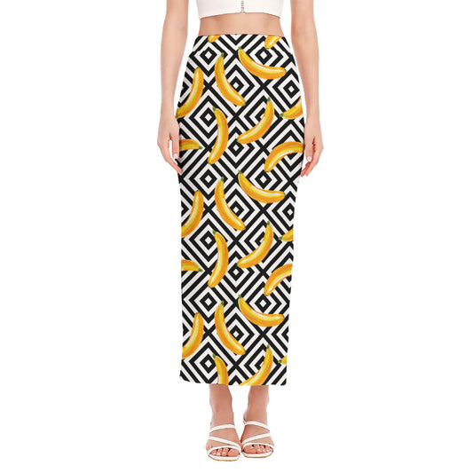Black And White Geometric Banana Print Side Slit Maxi Skirt