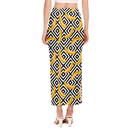 Black And White Geometric Banana Print Side Slit Maxi Skirt