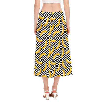 Black And White Geometric Banana Print Side Slit Midi Skirt