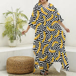 Black And White Geometric Banana Print Silk V-Neck Kaftan Dress