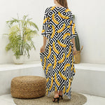 Black And White Geometric Banana Print Silk V-Neck Kaftan Dress