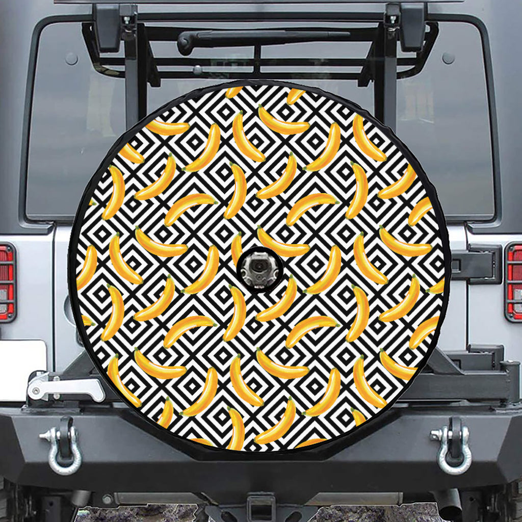 Black And White Geometric Banana Print Tire Cover With Camera Hole