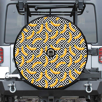 Black And White Geometric Banana Print Tire Cover With Camera Hole