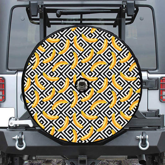 Black And White Geometric Banana Print Tire Cover With Camera Hole