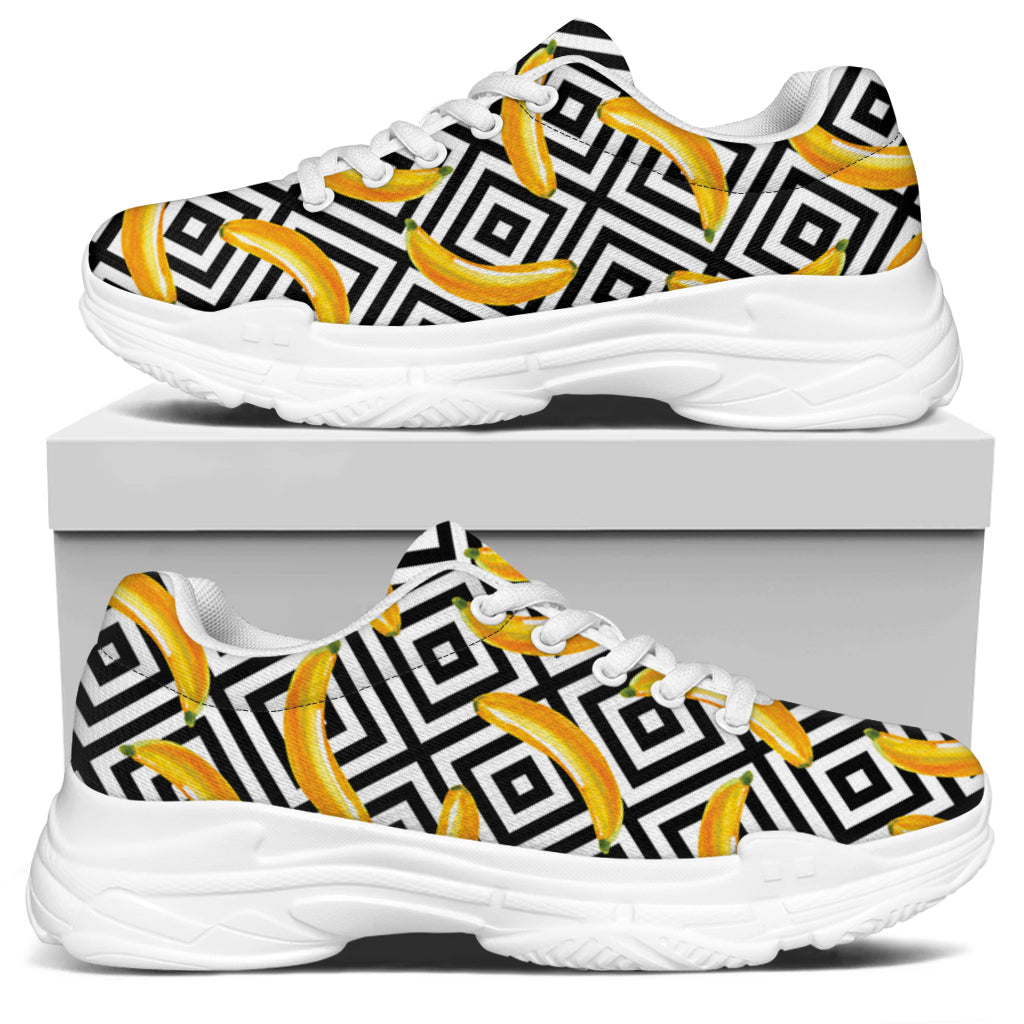 Black And White Geometric Banana Print White Chunky Shoes