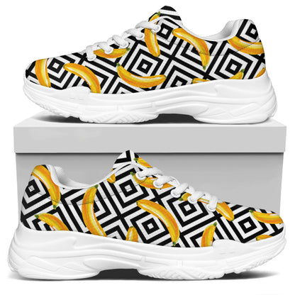 Black And White Geometric Banana Print White Chunky Shoes