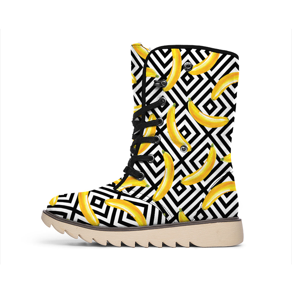 Black And White Geometric Banana Print Winter Boots