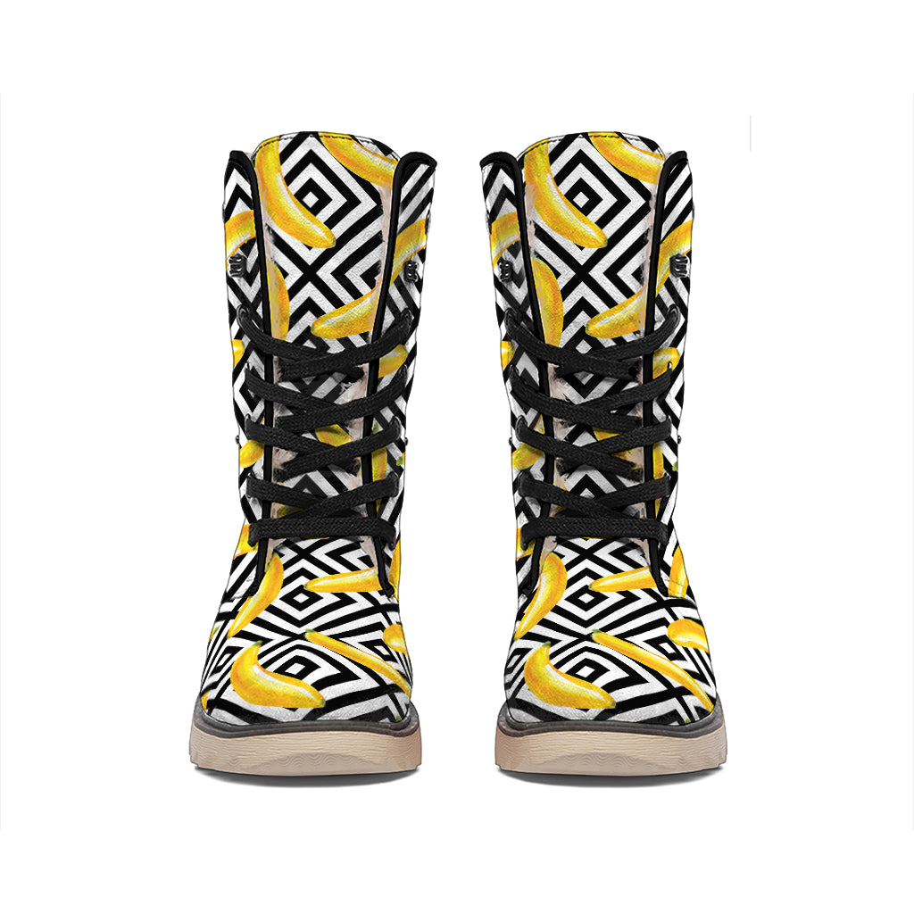 Black And White Geometric Banana Print Winter Boots