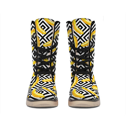 Black And White Geometric Banana Print Winter Boots