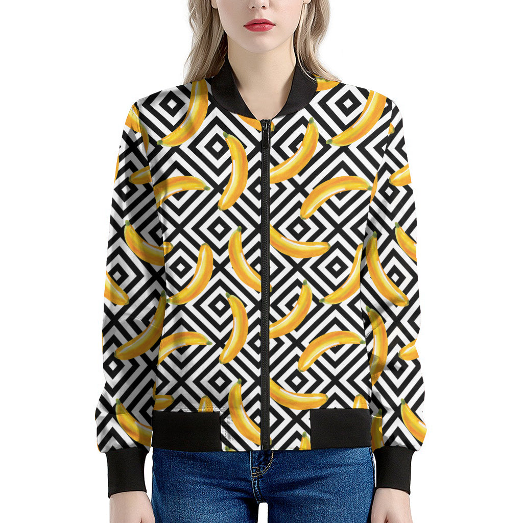 Black And White Geometric Banana Print Women's Bomber Jacket