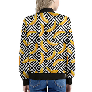 Black And White Geometric Banana Print Women's Bomber Jacket