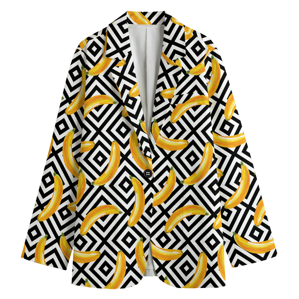 Black And White Geometric Banana Print Women's Cotton Blazer