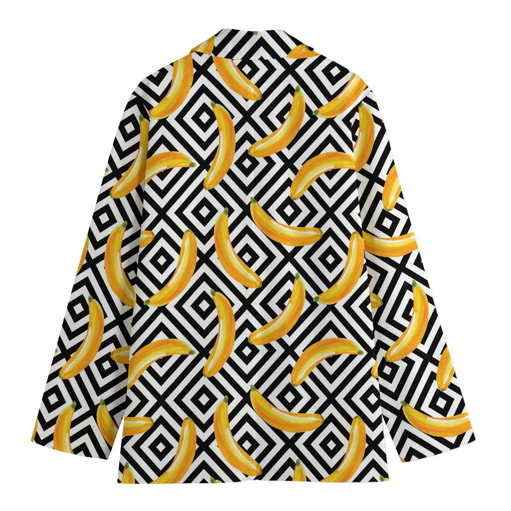 Black And White Geometric Banana Print Women's Cotton Blazer