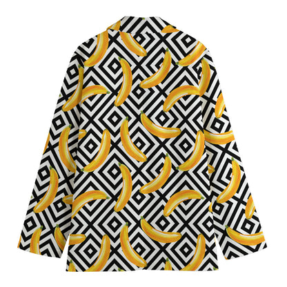 Black And White Geometric Banana Print Women's Cotton Blazer