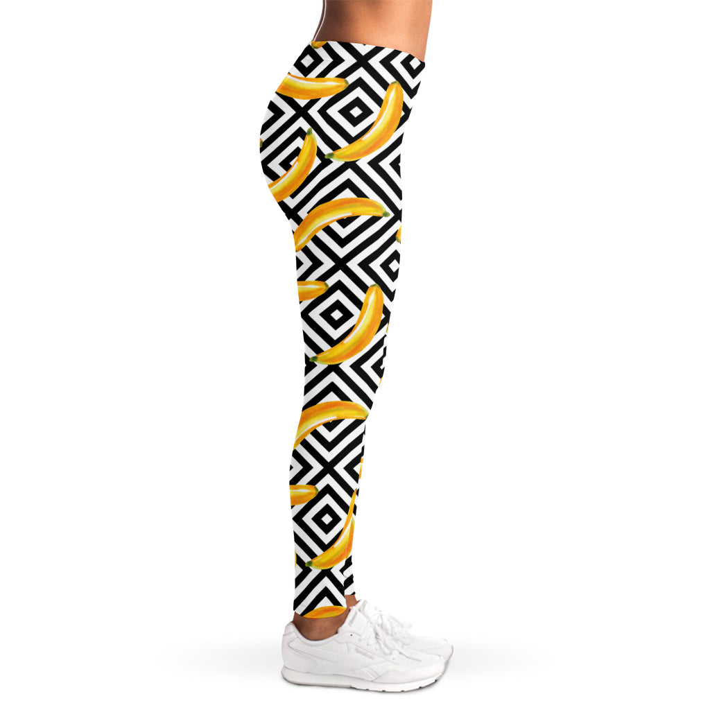 Black And White Geometric Banana Print Women's Leggings