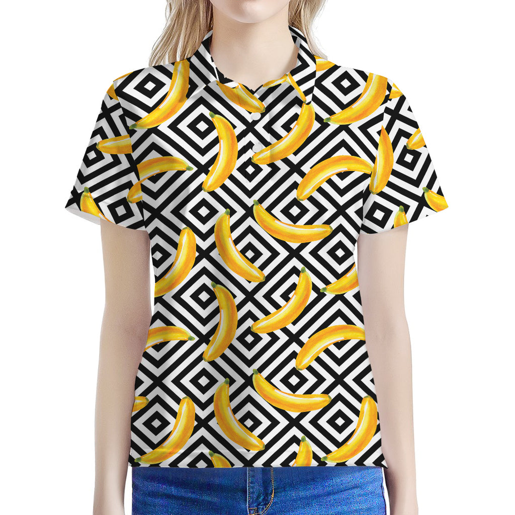 Black And White Geometric Banana Print Women's Polo Shirt