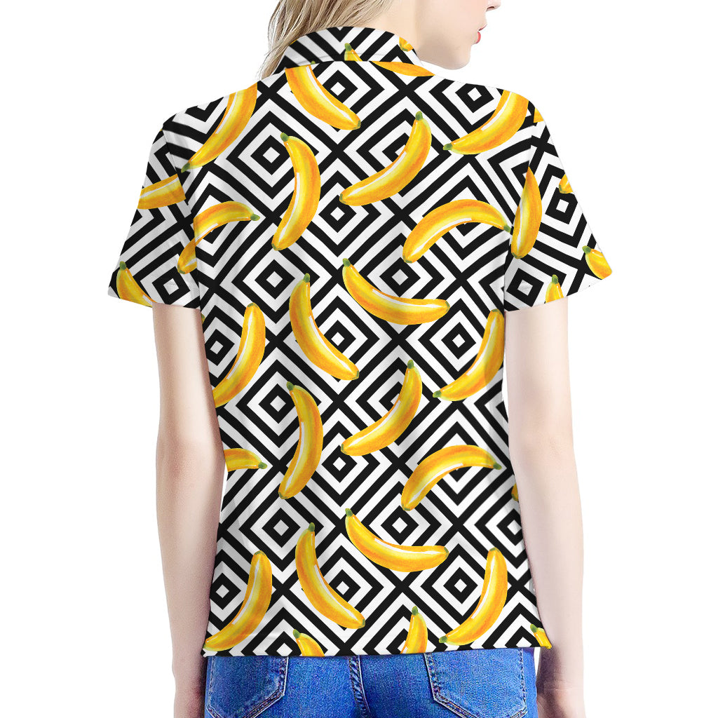 Black And White Geometric Banana Print Women's Polo Shirt
