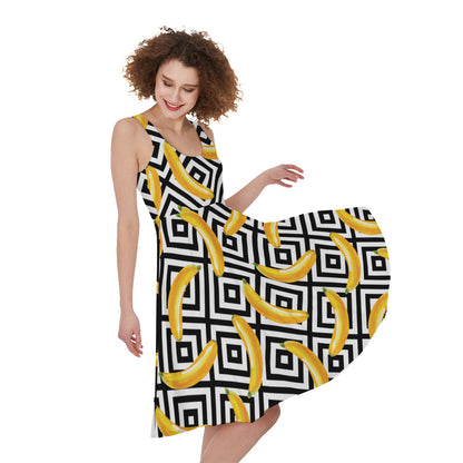 Black And White Geometric Banana Print Women's Sleeveless Dress