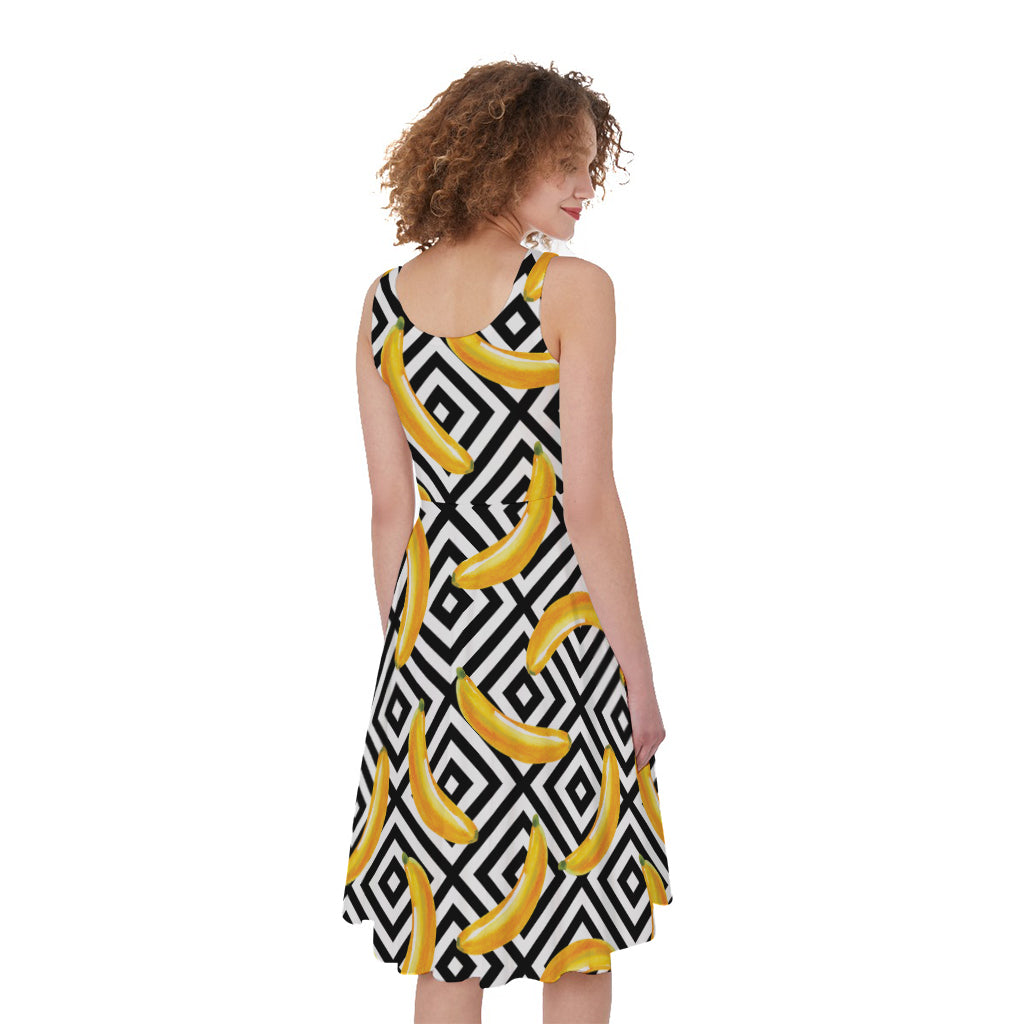 Black And White Geometric Banana Print Women's Sleeveless Dress