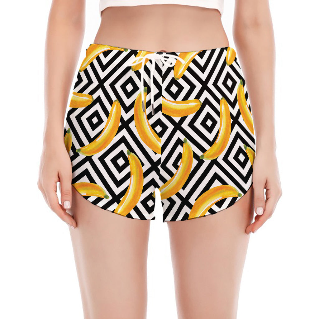 Black And White Geometric Banana Print Women's Split Running Shorts