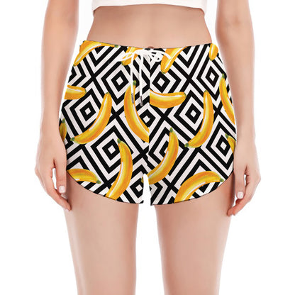 Black And White Geometric Banana Print Women's Split Running Shorts