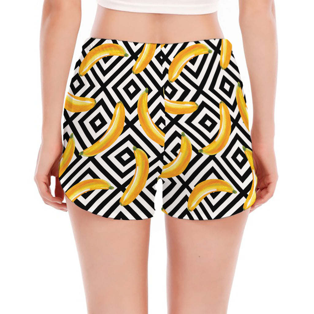 Black And White Geometric Banana Print Women's Split Running Shorts
