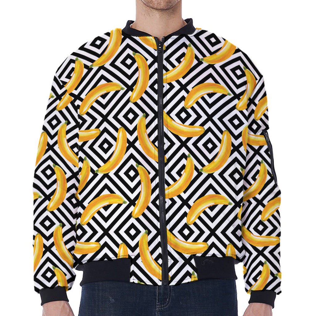 Black And White Geometric Banana Print Zip Sleeve Bomber Jacket