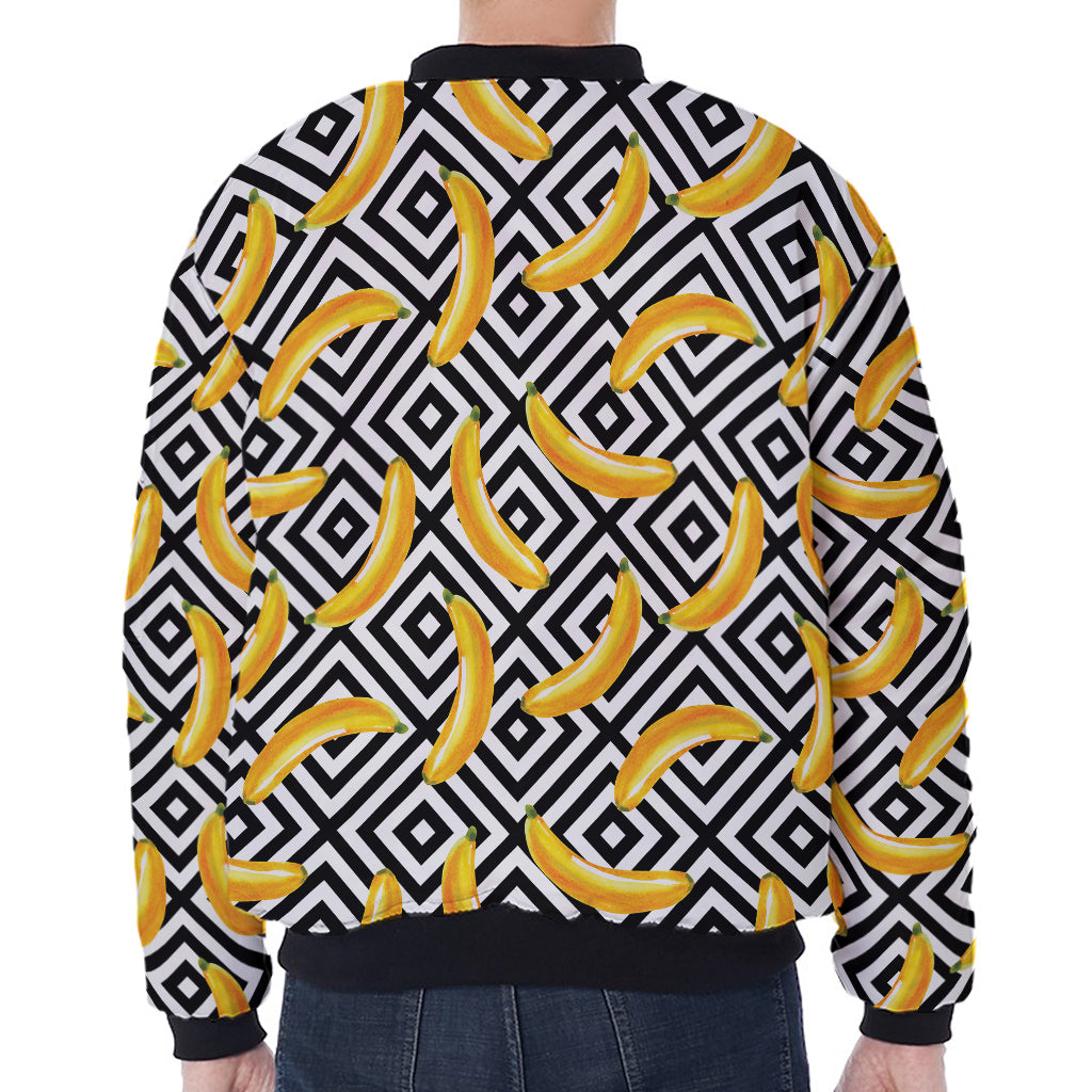 Black And White Geometric Banana Print Zip Sleeve Bomber Jacket