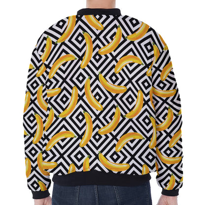 Black And White Geometric Banana Print Zip Sleeve Bomber Jacket