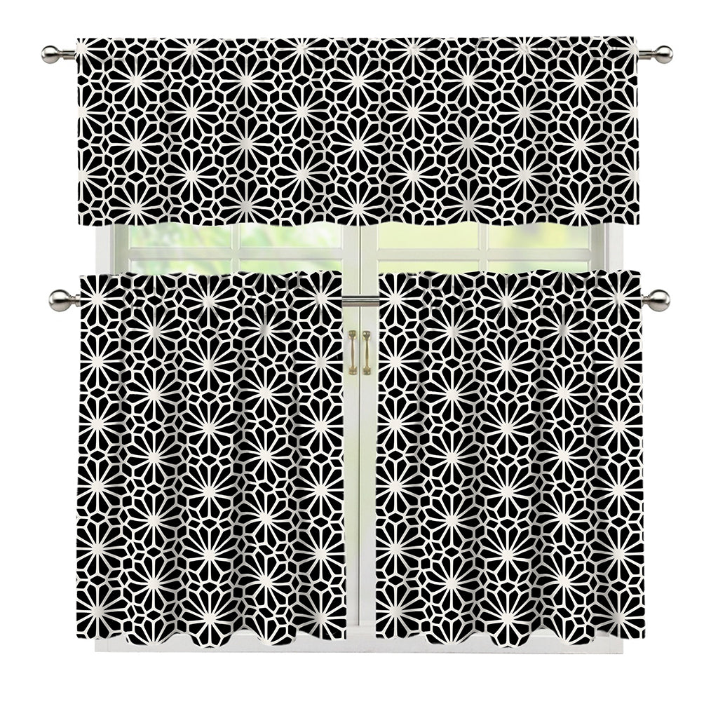 Black And White Geometric Floral Print 3 Piece Kitchen Curtains