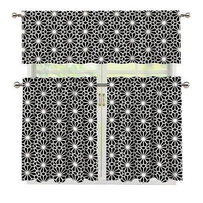 Black And White Geometric Floral Print 3 Piece Kitchen Curtains