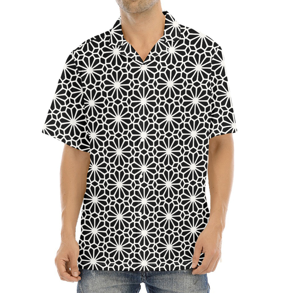 Black And White Geometric Floral Print Aloha Shirt