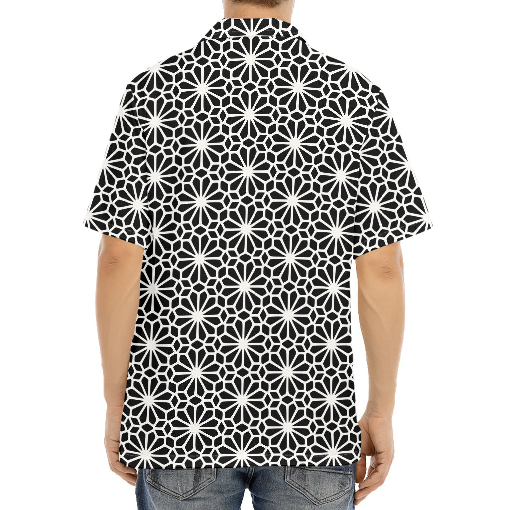 Black And White Geometric Floral Print Aloha Shirt