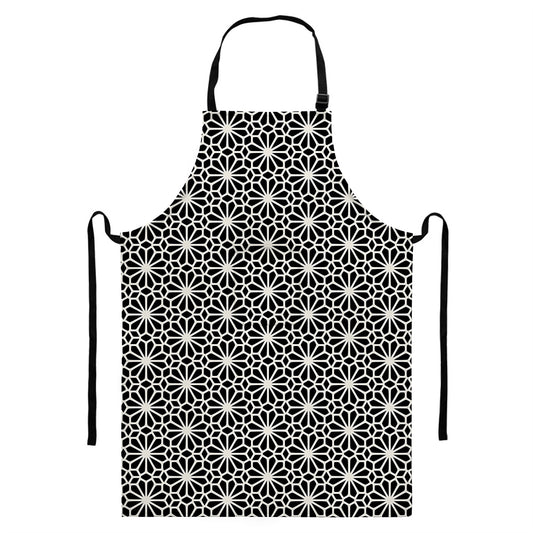 Black And White Geometric Floral Print Bib Apron With Pocket