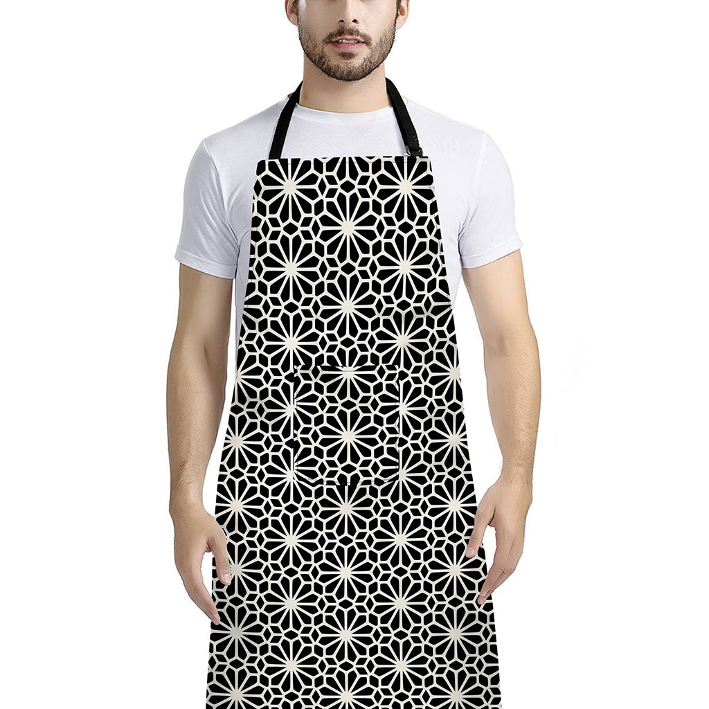 Black And White Geometric Floral Print Bib Apron With Pocket