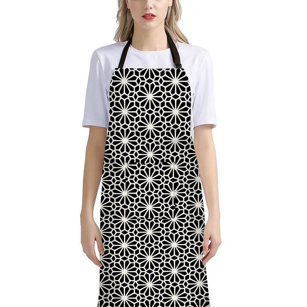 Black And White Geometric Floral Print Bib Apron With Pocket