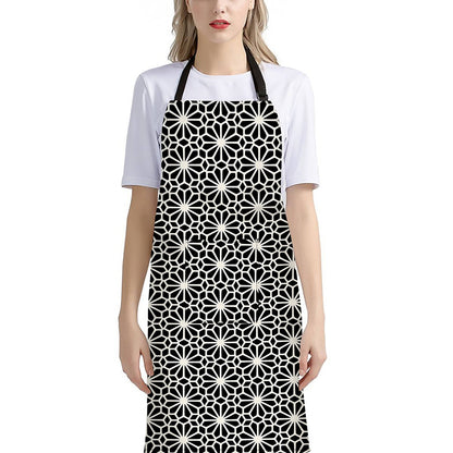 Black And White Geometric Floral Print Bib Apron With Pocket
