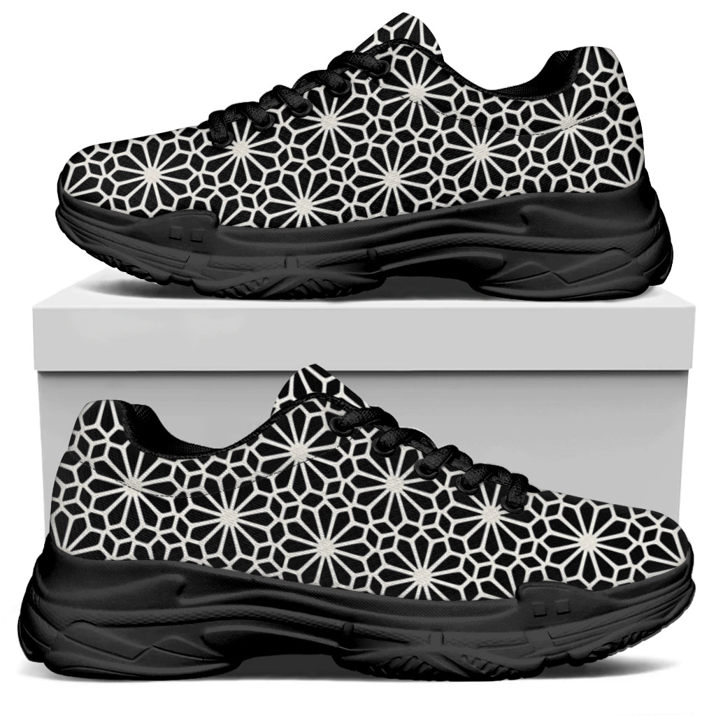 Black And White Geometric Floral Print Black Chunky Shoes
