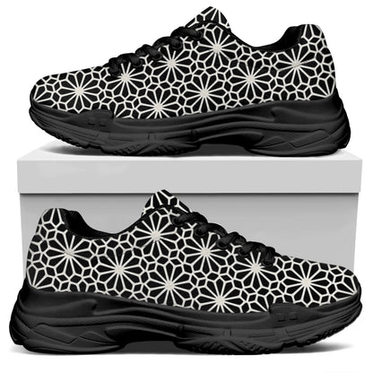 Black And White Geometric Floral Print Black Chunky Shoes